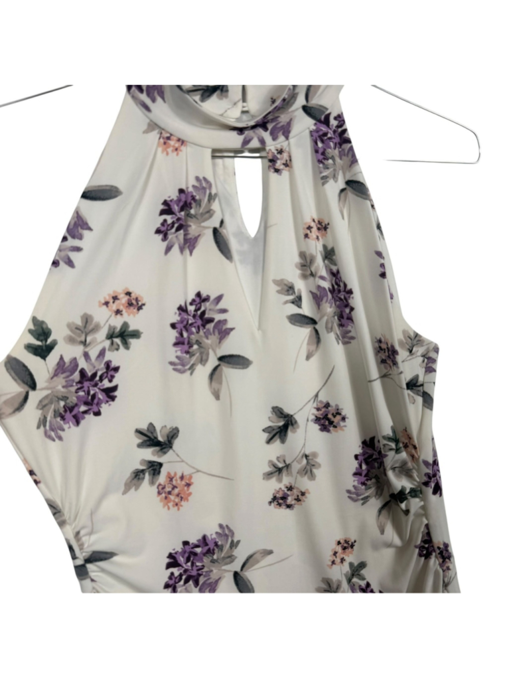 White House Black Market Top White Purple Floral Side Cinched Women Small - Picture 5 of 10